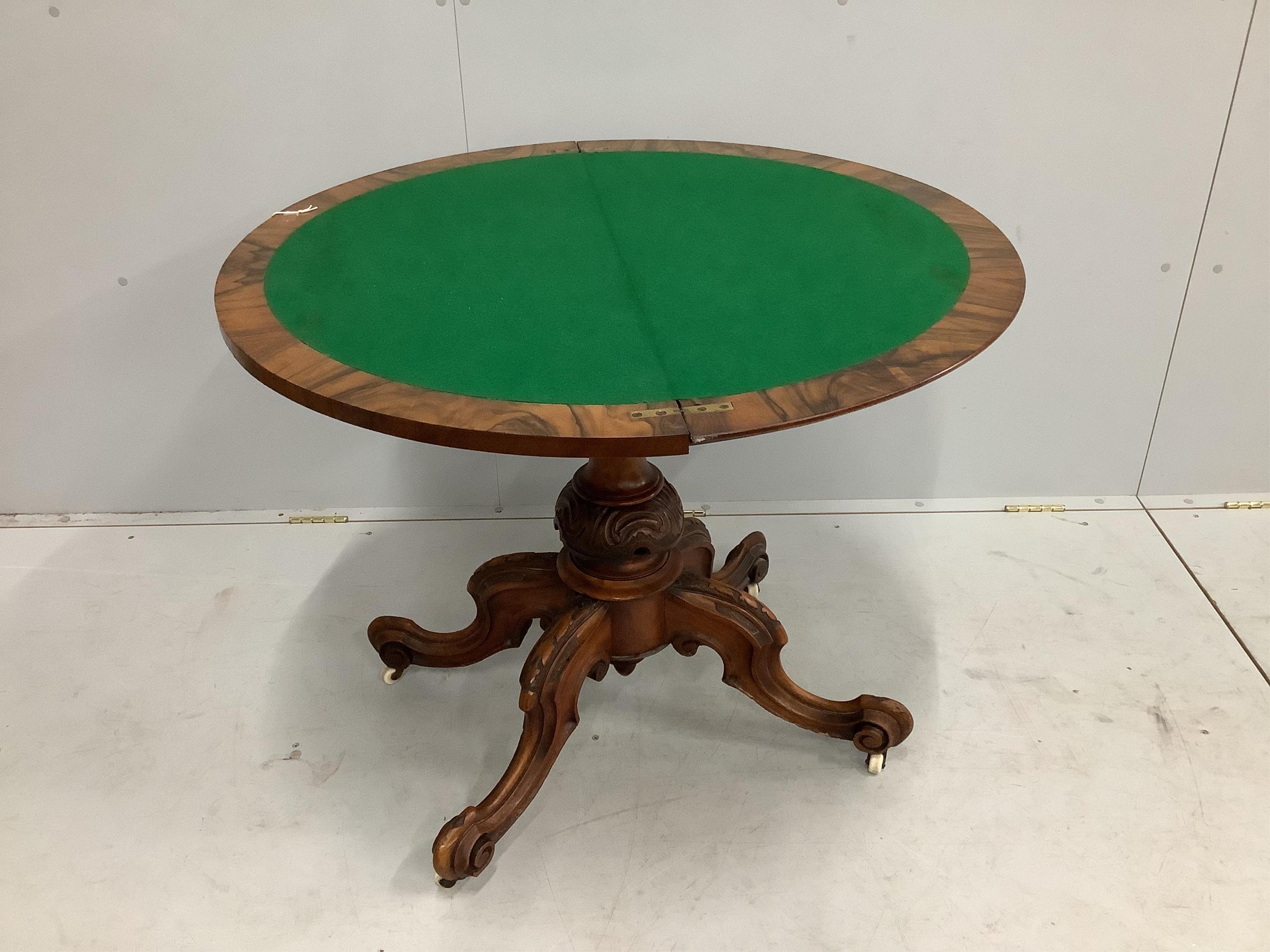 A Victorian burr walnut D shaped folding card table, width 91cm, depth 45cm, height 75cm. Condition - poor
